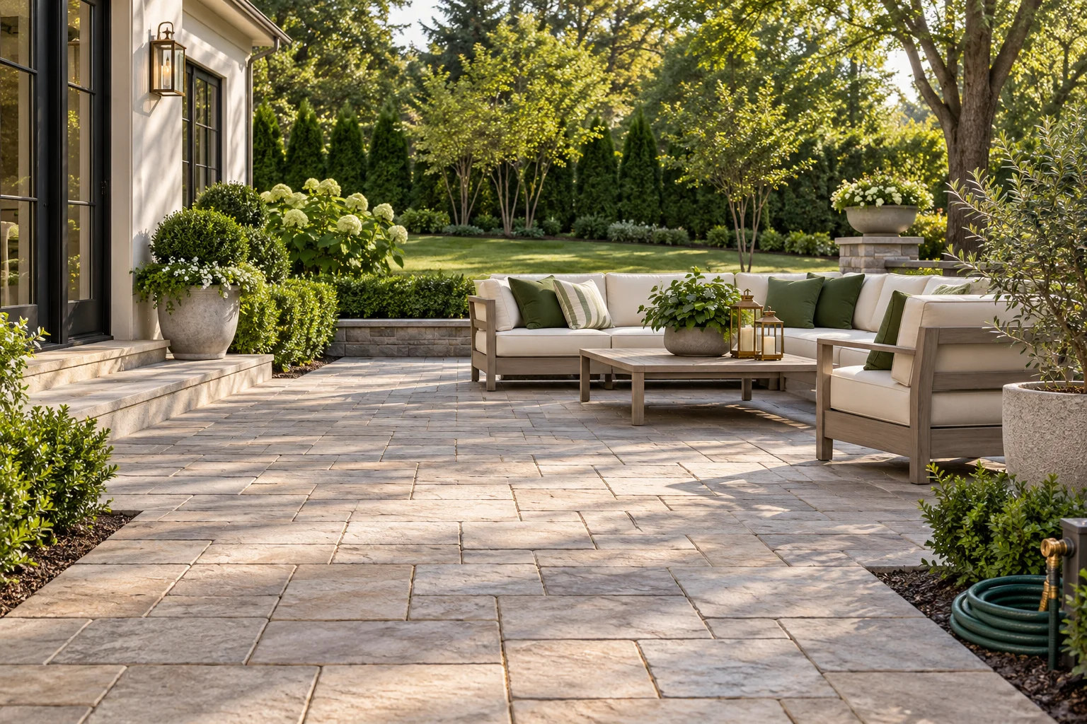 Illustrative paver patio in a maintained garden